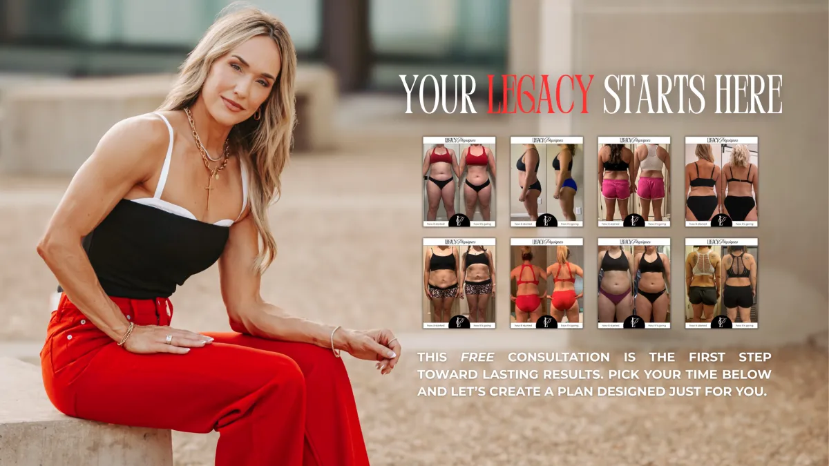 Lindsey Black of Legacy Physiques sitting outdoors in a black and white top and red pants, promoting limited spots for free fitness and wellness consultations. Legacy Physiques offers custom women’s coaching in nutrition, training, and lifestyle support.