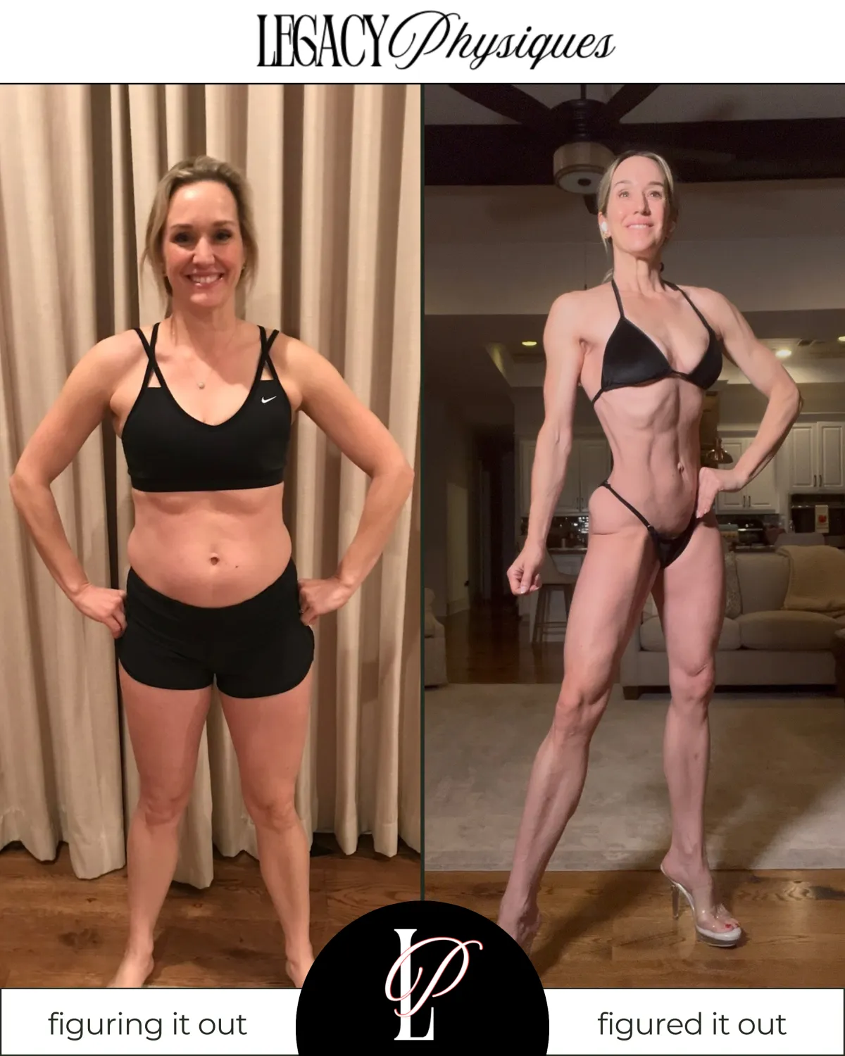 Lindsey Black, founder and head coach of Legacy Physiques, showing her before and after progress of using The Legacy Blueprint, showing women body recomposition is possible for women 35+.