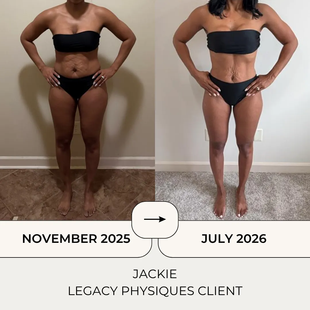 Before and after transformation of Jackie, a Legacy Physiques client, from November 2025 to July 2026.