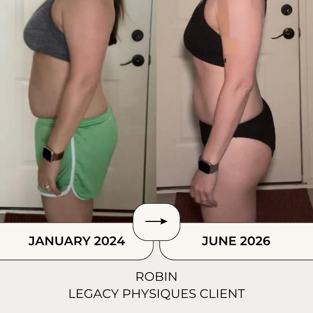Before and after transformation of Robin, a Legacy Physiques client, from January 2024 to June 2026.