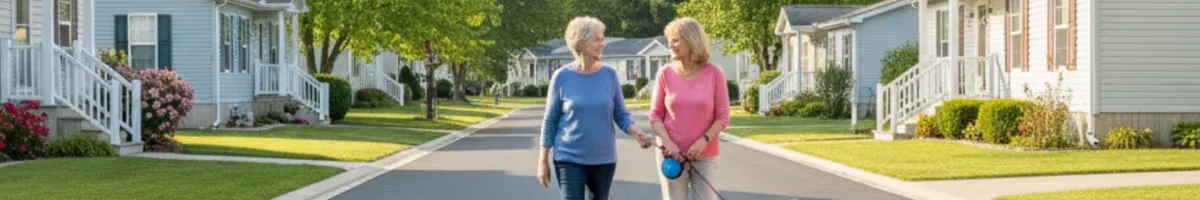 Residents walking in a 55+ single-level living community in South Shore Mass