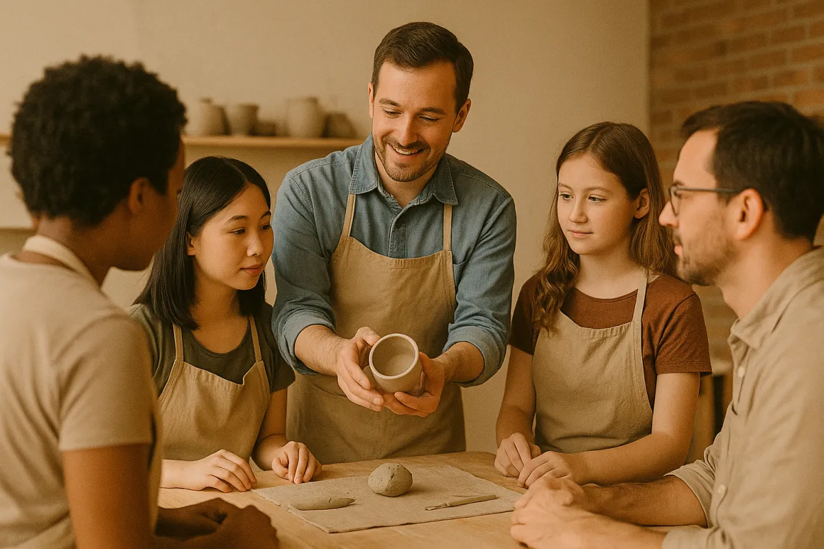 person making clay pot on white round plate