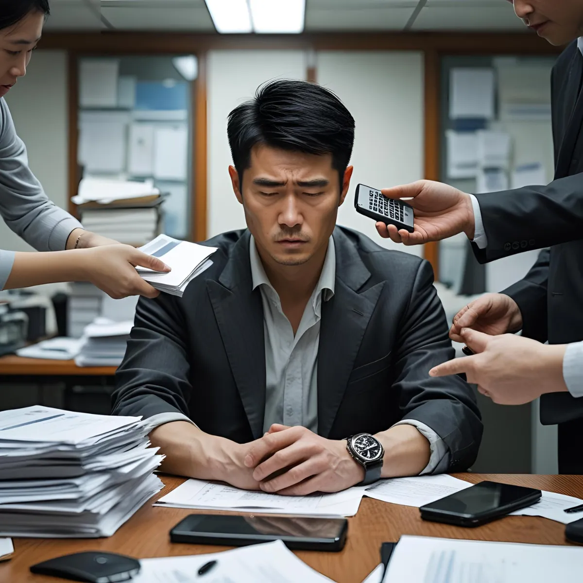 “Overwhelmed masculine professional in office surrounded by paperwork, coworkers, and digital devices, representing workplace stress, burnout, and information overload in a corporate environment.”