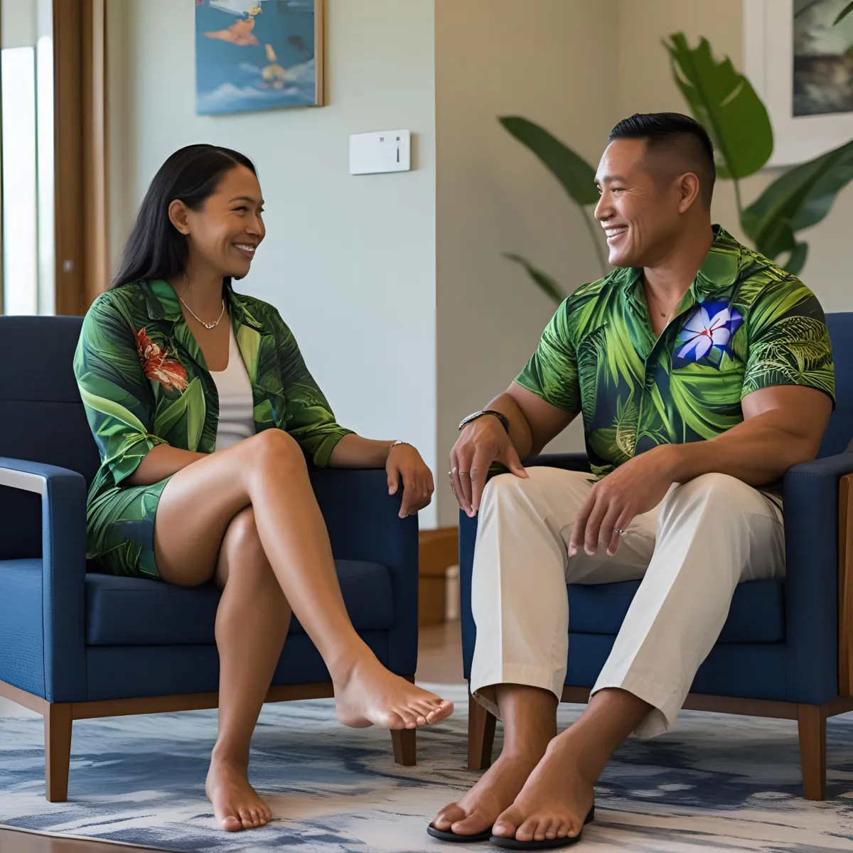 “Two people in summer attire sitting barefoot in a modern room, engaged in relaxed conversation, symbolizing connection and communication in a casual setting.