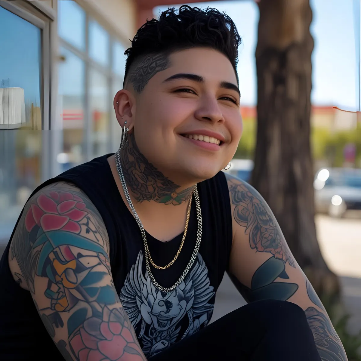 "a nonbinary person with tattoos appearing content, and focused sitting outside with a smile on their face."