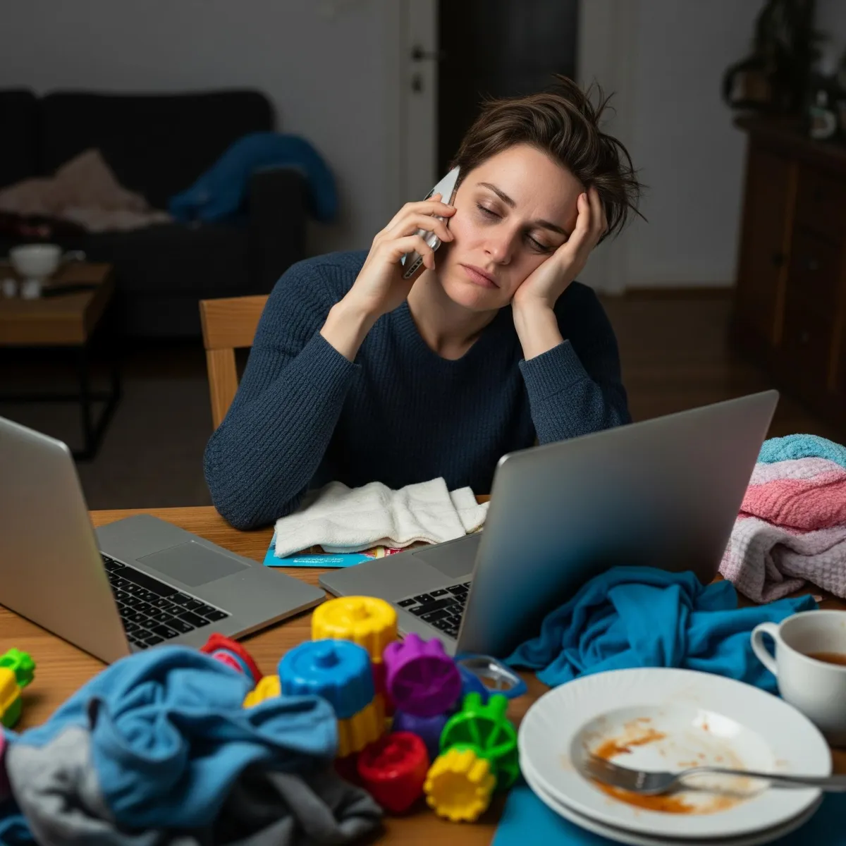 exhausted parent with a laptop and phone, surrounded by kids' toys, dirty dishes and laundry, struggling with work-life balance