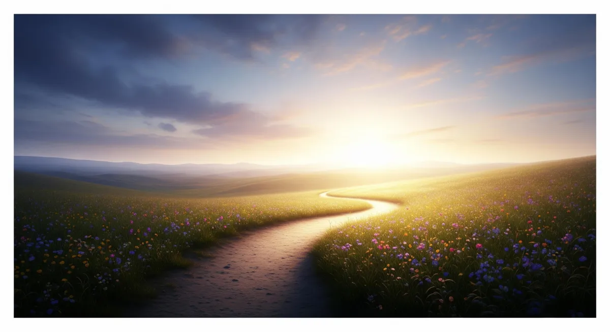 A peaceful trail leading toward a bright, open horizon, symbolizing a journey toward mental clarity and well-being.