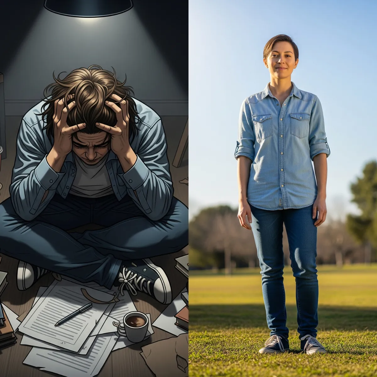 image showing a positive transformation from work burnout to focused productivity, featuring a person managing stress and organization