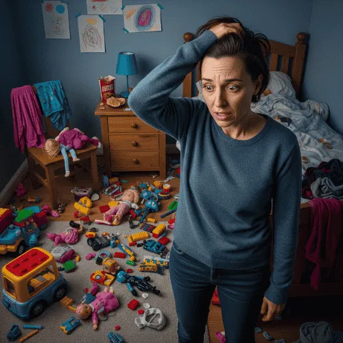 ""Adult with ADHD or trauma response visibly distressed by disorganized child’s room, highlighting executive function struggles"