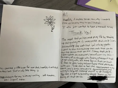 "Personal expression of gratitude toward a therapist who fosters kindness, trust, and personal transformation"