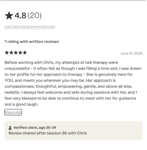 "Five-star testimonial describing how Chris Prebble helped a client feel safe, understood, and successfully engaged in therapy for the first time"