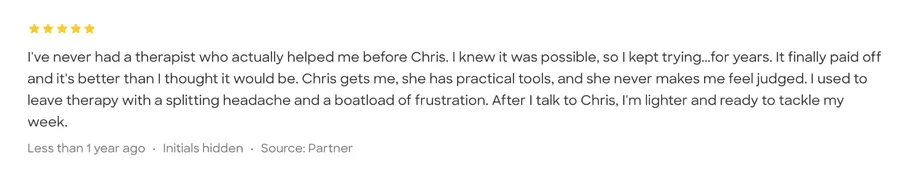 "Five-star review for Chris Prebble, LPC, from a client who found relief after years of ineffective therapy, praising her tools, empathy, and nonjudgmental support"