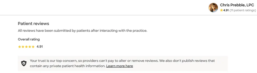 "Screenshot of Chris Prebble, LPC’s 4.91 out of 5 star rating based on 11 verified patient reviews, highlighting high client satisfaction and trust"