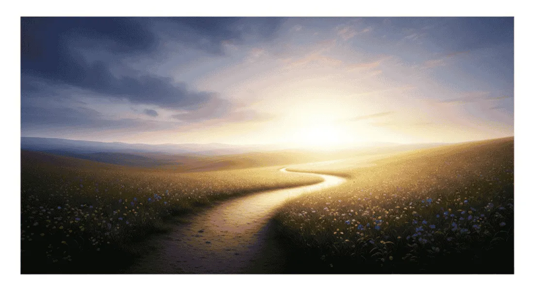 A peaceful trail leading toward a bright, open horizon, symbolizing a journey toward mental clarity and well-being.
