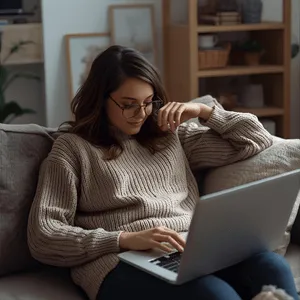 Person sitting comfortably on a couch with a laptop and coffee mug, reflecting during an online therapy session — representing space for self-reflection and support.