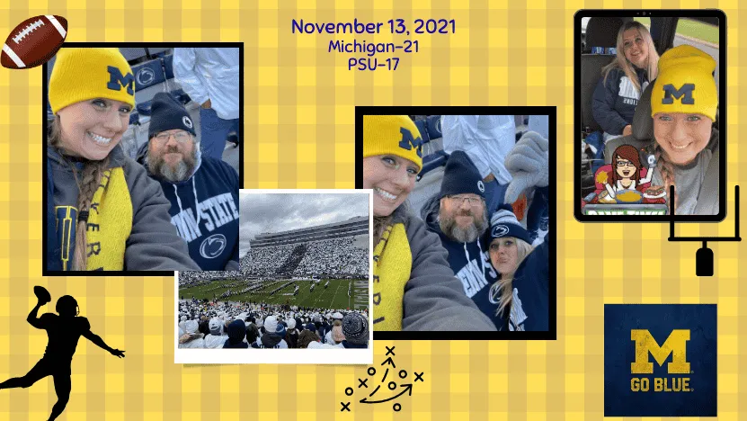 Christine Prebble in Michigan Wolverines gear at a Penn State game, showing confidence, humor, and love of sports.