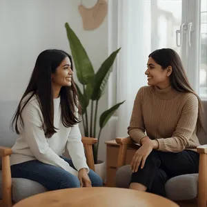 Two people sitting together in a calm, cozy setting having an open conversation, warm neutral tones, supportive and hopeful atmosphere, modern counseling vibe, soft natural light