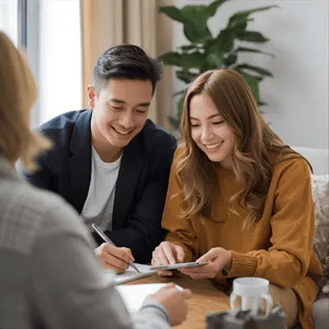 Couple reviewing notes or a plan together in a supportive setting, collaborative, hopeful, professional counseling vibe, soft natural light