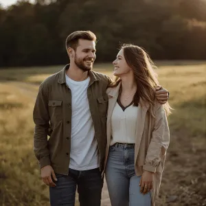 Couple walking side by side outdoors, smiling, relaxed and connected, casual everyday clothing, natural light, warm supportive atmosphere
