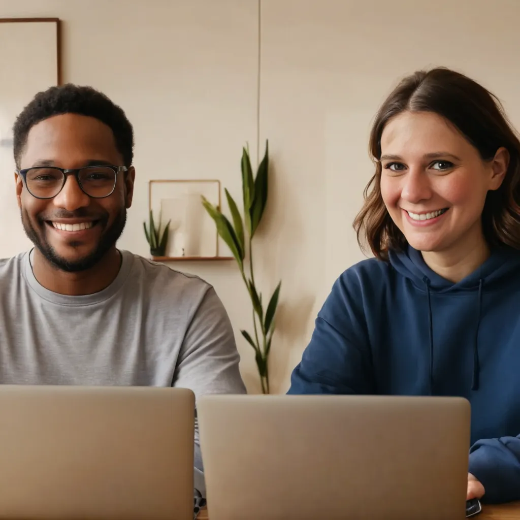 Therapist and client smiling during an online therapy session, each at their laptop in a bright, comfortable space — representing supportive, affirming virtual therapy.