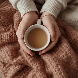 Hands cradling a warm mug on a soft blanket, a quiet moment that reflects comfort and self-regulation during caregiver therapy