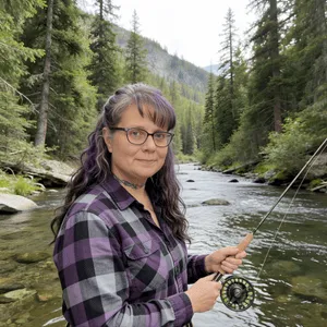 Therapist standing in a forested stream holding a fly-fishing rod, illustrating the outdoor, movement-based setting of TF-EMDR therapy retreats.