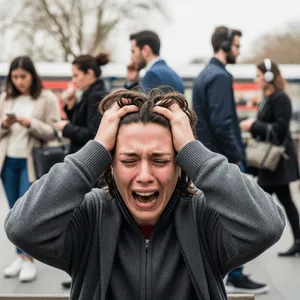 A woman overwhelmed and distressed in a crowded public space, hands pressed to her head, capturing the exhaustion of holding it all together.