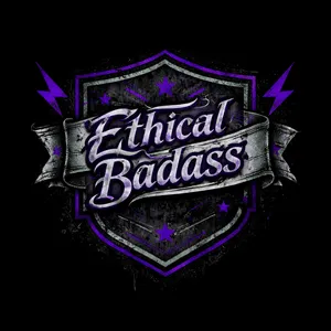 Ethical Badass™ logo featuring a bold shield emblem with purple lightning bolts and script lettering on a dark background — representing the strength and confidence behind ethical discernment for helping professionals.