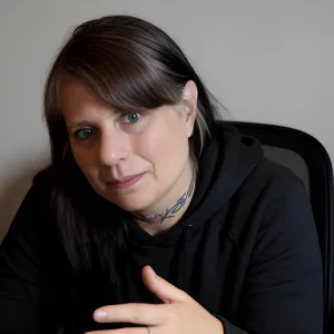 Chris Prebble, LPC, leaning in mid-conversation in a dark cowl-neck top in her office