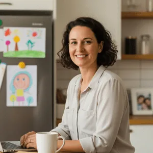 A woman smiling calmly in her kitchen with a coffee cup and laptop, children's artwork on the fridge behind her — reflecting the ease and groundedness that comes after doing the hard work.