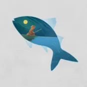 Image of a person fishing at night inside a silhouette of a fish