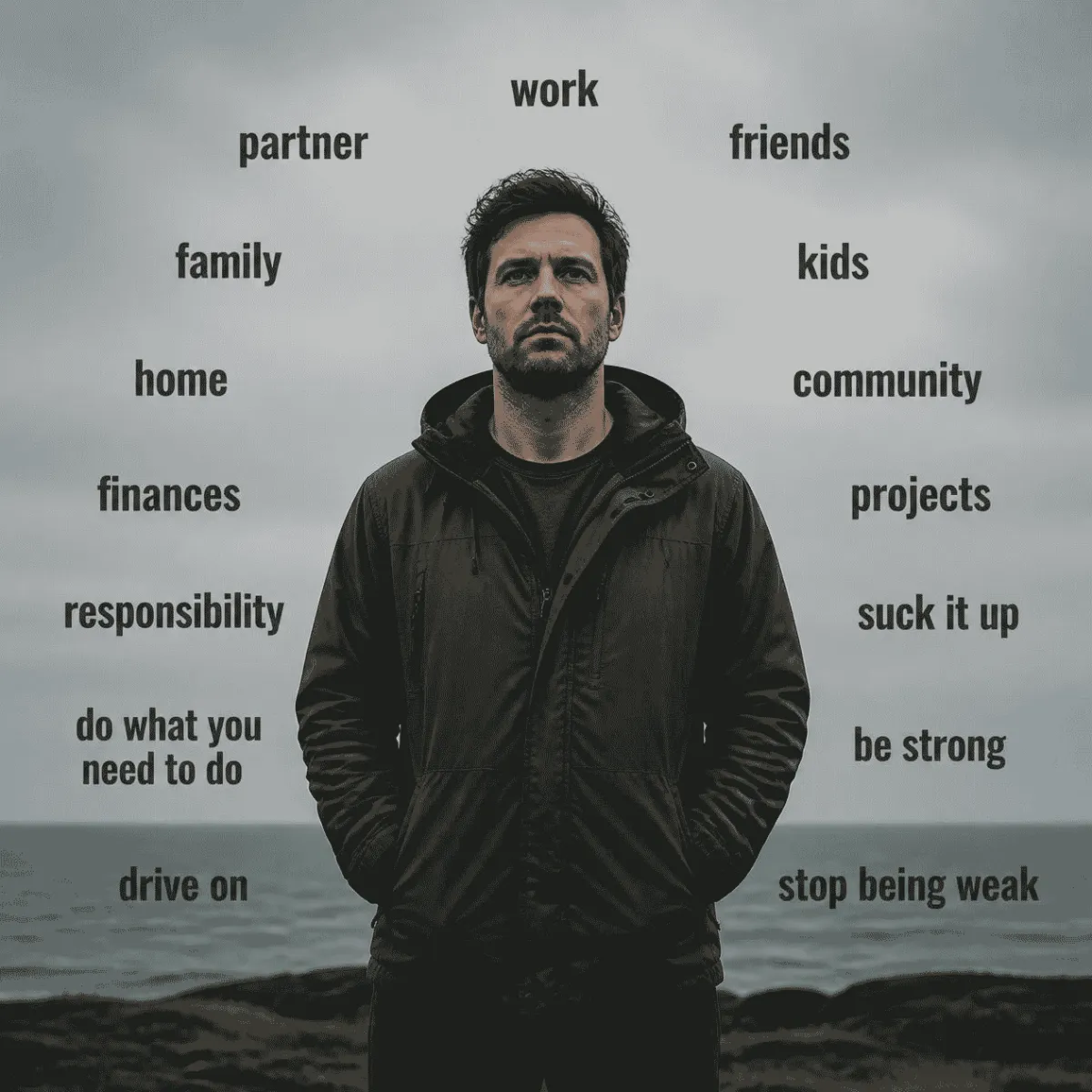 Exhausted masculine-presenting person stands by a stormy sea, surrounded by the responsibilities he carries: work, partner, kids, finances, home, community. Below them are the rules he lives by: suck it up, be strong, drive on, stop being weak.