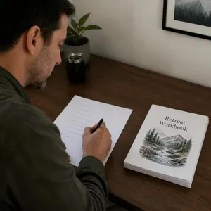 Man writing at a desk beside a Therapeutic Fly-Fishing with EMDR retreat workbook with a watercolor mountain stream cover.