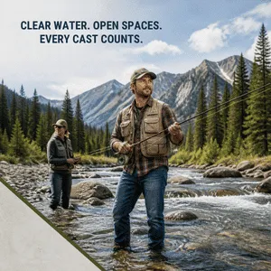 Masculine-presenting person casting a fly rod while standing in a rocky mountain stream, with a second angler behind him. Text reads: Clear water. Open spaces. Every cast counts.