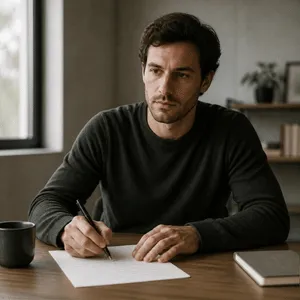 Masculine-presenting person sitting at a desk with a pen and paper, filling out intake forms before starting weekly therapeutic fly-fishing EMDR sessions in Pennsylvania.