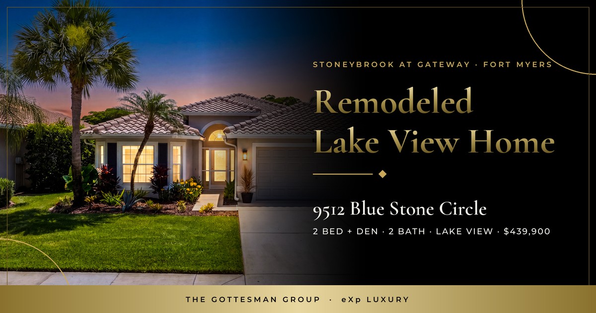Twilight front view of the remodeled lake view home at 9512 Blue Stone Circle in Stoneybrook at Gateway, Fort Myers FL