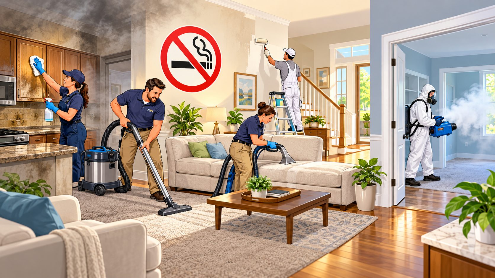 Illustrated crew deep cleaning cabinets, vacuuming carpet, cleaning upholstery, painting walls and running an ozone treatment to remove smoke odor from a Fort Myers home before listing