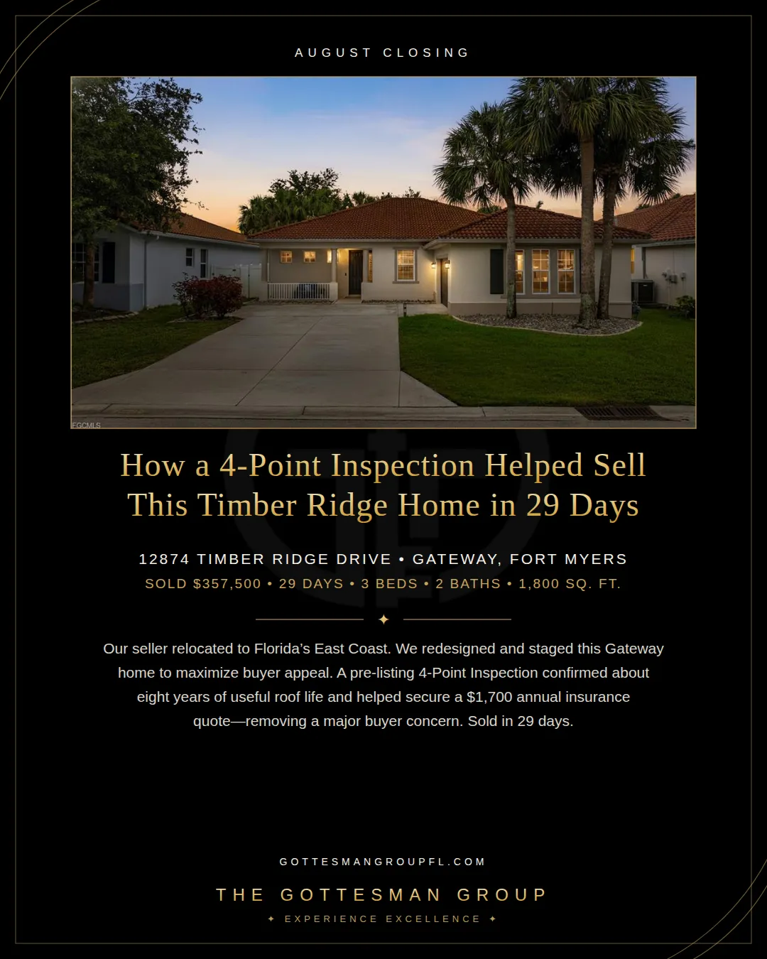 12874 Timber Ridge Drive in Gateway, Fort Myers. The redesigned and staged three-bedroom home sold for $357,500 in 29 days after a 4-Point Inspection supported a low insurance quote.