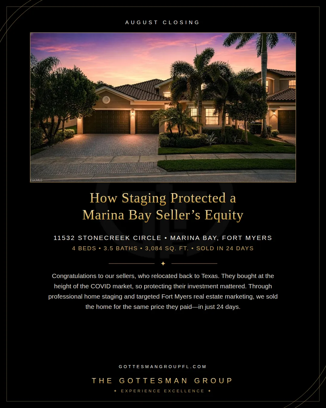 11532 Stonecreek Circle in Marina Bay, Fort Myers. A professionally staged four-bedroom home that sold in 24 days and protected the relocating sellers' equity.