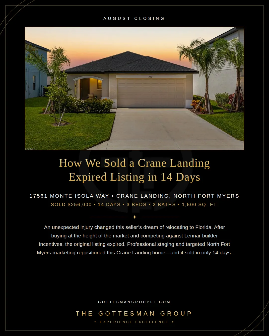 17561 Monte Isola Way in Crane Landing, North Fort Myers. Professional staging and marketing helped this expired Lennar-community listing sell for $256,000 in 14 days.