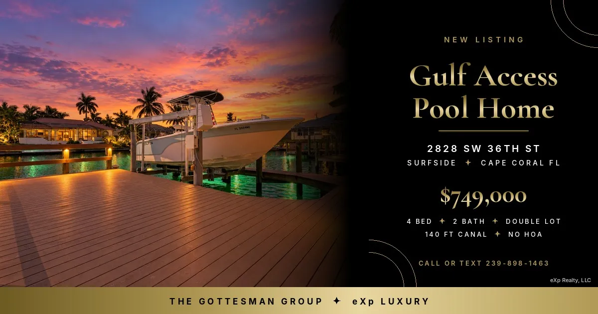 Gulf access pool home at 2828 SW 36th St, Surfside, Cape Coral FL, dock at sunset on a 140 ft canal