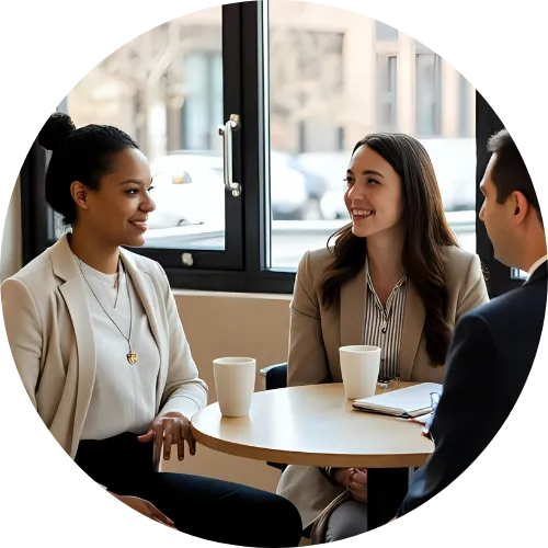 Three professionals connecting over coffee at a café table