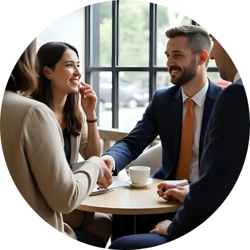 Professional considering next steps over coffee, looking right