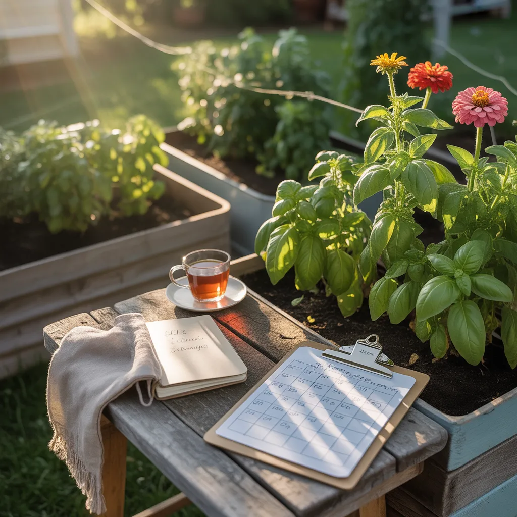 collage of images from the fall garden including a couple of garlic coves a cabbage or kale plant, and a row of plants covered in frost protection
