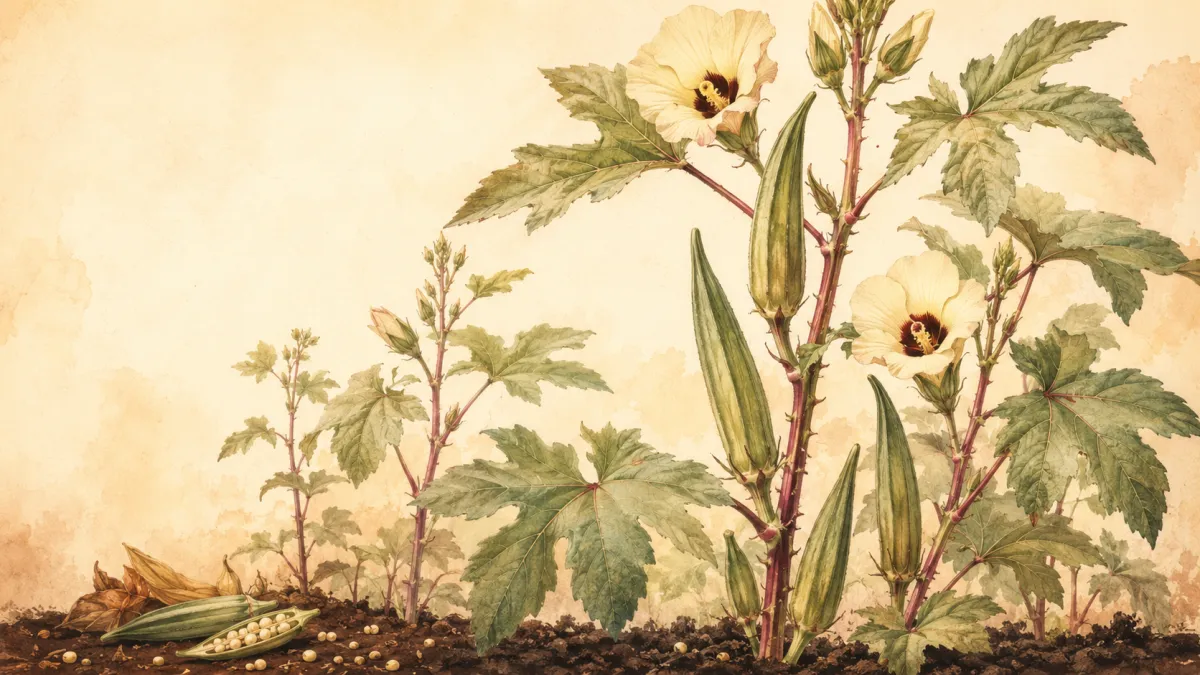 Warm vintage botanical illustration of tall okra plants with green pods, burgundy-spined stalks, and a pale cream flower — Rooted in Grace Episode 110.