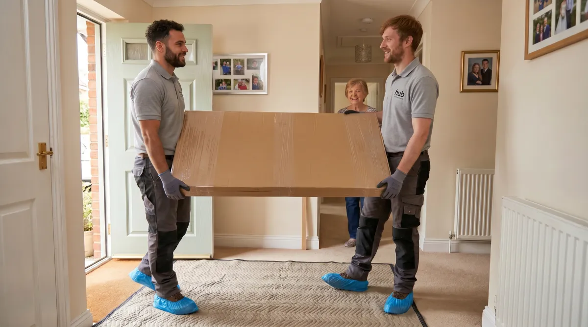 Professional two-man delivery team carefully handling furniture in a modern home interior.