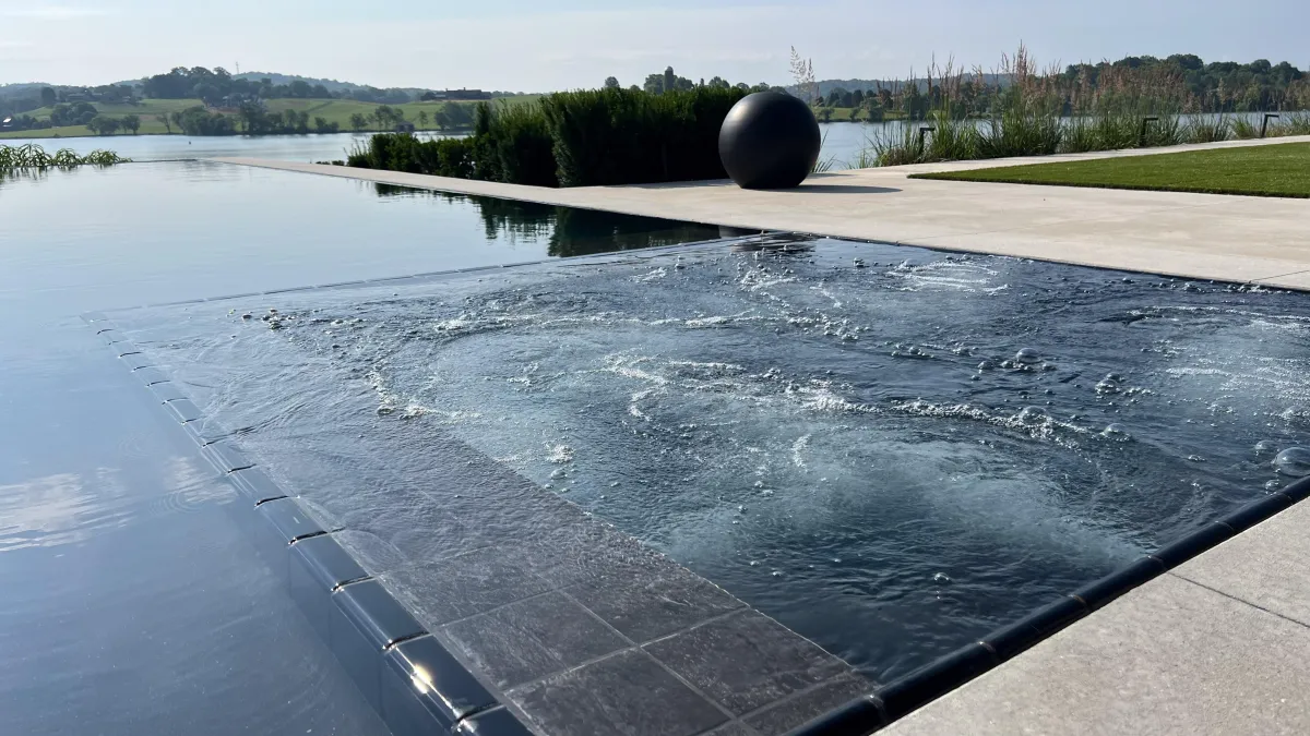Knife-edge pool design with vanishing waterline overlooking a serene lakefront view in Knoxville, TN.