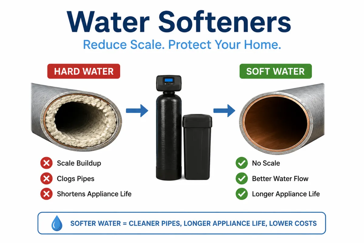Water softener and scale reduction system installation for hard water treatment
