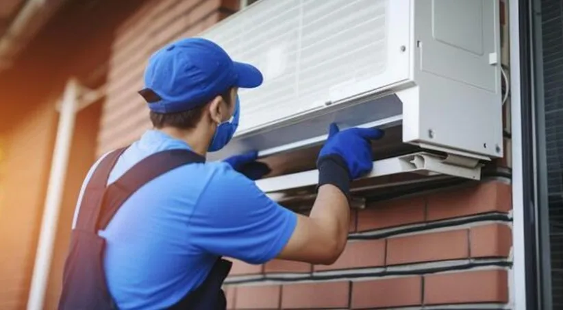 HVAC technician inspecting an outdoor AC unit installation on a brick exterior wall