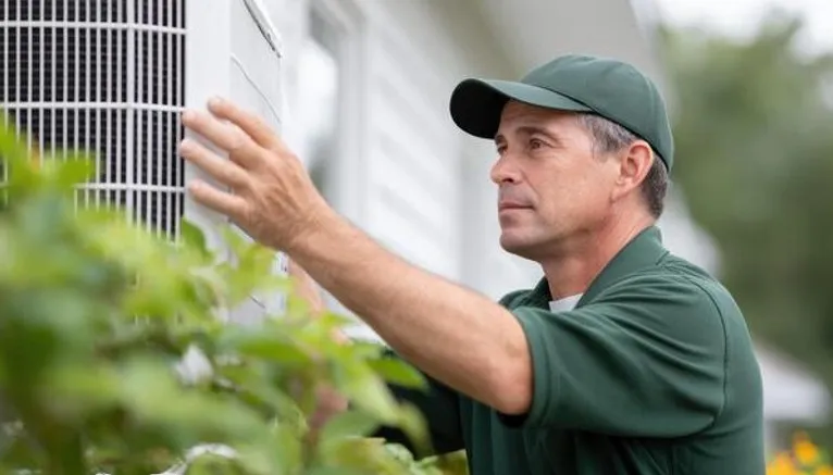 Licensed HVAC contractor inspecting an outdoor AC unit at a residential property